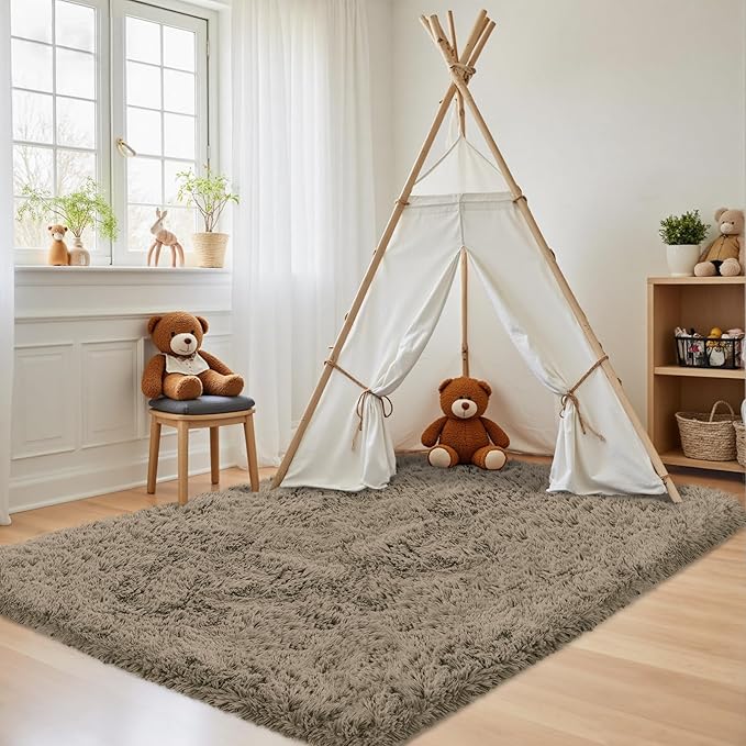 4x6 Area Rug for Living Room: Ultra Soft Fluffy Rug Modern Large Thicked Shag Rug for Bedroom Non Slip Indoor Fuzzy Carpets for Girls Kids Room Nursery Dorm Home Decor Gray Camel