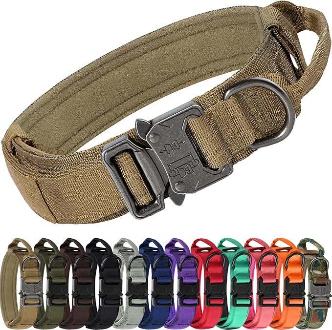 Joytale Tactical Dog Collar with Handle, Adjustable Heavy Duty Military Collar with 2 Patches for Training, Suitable for Large Dogs, Khaki, L