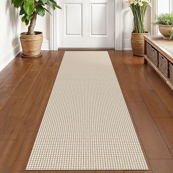 KOZYFLY Runners for Hallways 2x6 ft Washable Kitchen Runner Non Slip Rubber Backed Hall Runners Cotton Entryway Runner Rugs Floor Carpet for Indoor Backdoor Bedroom Kitchen, Ivory/Khaki