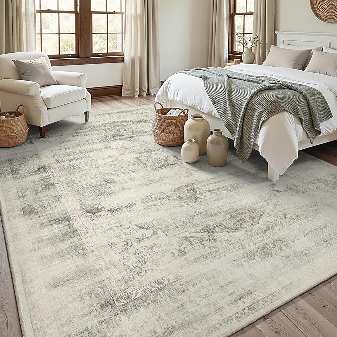 DCX 8x10 Vintage Rug, Machine Washable Stain Resistant Distressed Beige Rug, Kid & Pet Friendly with Rubber Back Non Slip Soft Low Pile Large Carpet for Living Room, Bedroom, Home Office