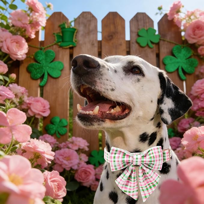 Maca Bates St. Patrick's Day Irish Plaid Dog Collar with Sailor Bow Tie,Cherry Pink Green Gingham Pattern for Medium Girl Boy Dogs,Adjustable Durable Soft Collars Gift for Male Female Puppy