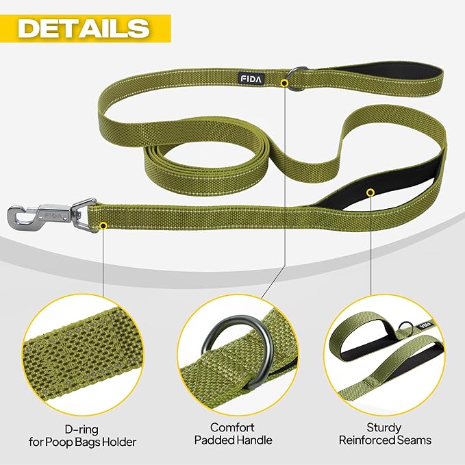 Fida 10ft Heavy Duty Dog Leash with 2 Comfortable Padded Handles, Traffic Handle & Advanced Easy Snap Hook, Reflective Walking Lead for Large, Medium & Small Breed Dogs, Green
