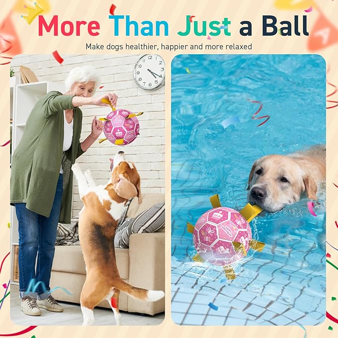 QDAN Dog Birthday Toys, Squeaky Dogs Toys, Dog Soccer Ball with Straps, Puppy Gifts, Herding Balls with Bell Inside, Water Toy, Durable Ropes Ball for Medium Large Dogs (8 inch)