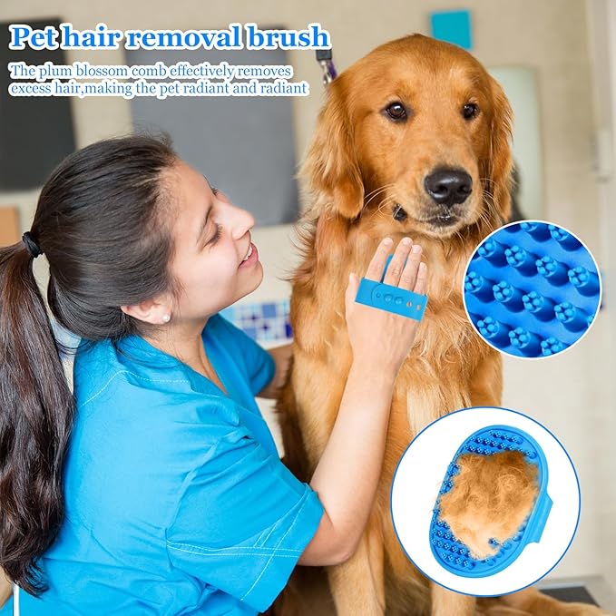 Dog Grooming Brush, Lilpep Pet Shampoo Bath Brush Soothing Massage Rubber Comb with Adjustable Ring Handle for Long Short Haired Dogs and Cats (Blue, set)