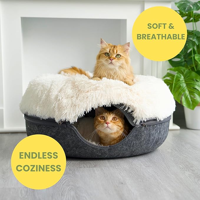 CATTASAURUS Peekaboo Cat Cave for Multiple & Large Cats Up to 30-45 Lbs, Fluffy Cat Beds for Indoor Cats, Scratch Detachable & Washable Tunnel Bed, Comfy Donut Cave (Dark Gray, Large (Calming))