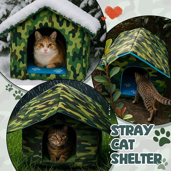18" x 17" x 16" Outdoor Cat House for Winter Weatherproof Feral Pet Shelter for Cats Dog Collapsible Green Camouflage Pet House Outside with Self Warming Pad Blanket 3 Tent Stake(L Size)