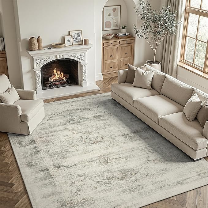 DCX 5x7 Vintage Rug, Machine Washable Stain Resistant Distressed Beige Rug, Kid & Pet Friendly with Rubber Back Non Slip Soft Low Pile Large Carpet for Living Room, Bedroom, Home Office