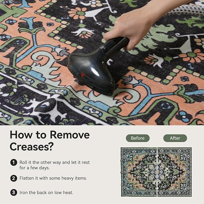 Lofus 3x5 Area Rugs for Living Room, Machine Washable Area Rug, Soft Small Rugs for Bedroom, Kitchen, Office and Indoor, Vintage Boho Carpet, Non-Slip Low Pile Carpets, Dark Green