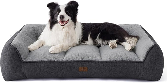 Bedsure SupportMax Orthopedic Dog Beds Large Sized Dog - Extra Thick Supportive Large Dogs Bed with Waterproof Washable Cover, L Plus Comfort Pet Sofa with Soft Sherpa and Nonskid Bottom, Grey, 38"
