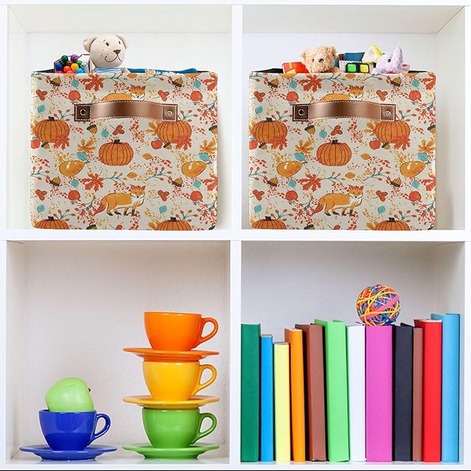 Fall Pumpkin Fox Storage Basket with Waterproof Liner and PU Handles Autumn Maple Leaves Berry Storage Bins Boxes 14.2" Collapsible Decorative Organizer Baskets for Bedroom Closet Office 1 Pack