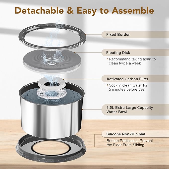 UPSKY 3.5L Dog Water Bowl,Large Capacity No Spill Dog Water Bowl,Stainless Steel Spill Proof Slow Water Feeder,No Splash Water Bowl with Anti-Slip Mat for Messy Drinkers Grey, C.3.5L