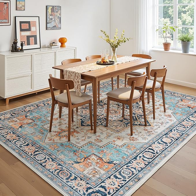 Lessymo 5x7 Area Rugs for Living Room, Washable Rug for Bedroom Kitchen Dining Room, Soft Vintage Carpet Non Slip, Large Boho Rug Low Pile for Entryway Dorm Nursery Kids Room Bedside, Orange/Blue