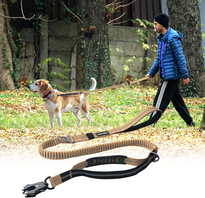 Heavy Duty Tactical Dog Leash with Quick Release Carabiner and Highly Reflective Threads,4-6FT Power Stretch Dog Leash for Medium Large Dogs (Brown & Black)