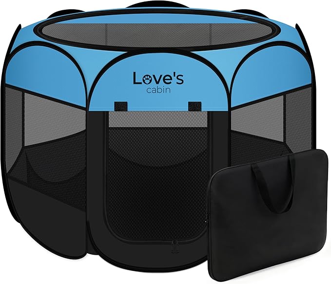 Love's cabin Pet Puppy Dog Playpen, Small Dog Tent Crates Cage Indoor/Outdoor, Portable Playpen for Cat, Foldable Pop Up Dog Kennel Playpen with Carring Case, Removable Zipper Top, Blue