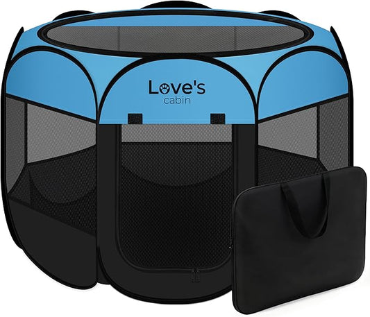 Love's cabin Pet Puppy Dog Playpen, Small Dog Tent Crates Cage Indoor/Outdoor, Portable Playpen for Cat, Foldable Pop Up Dog Kennel Playpen with Carring Case, Removable Zipper Top, Blue