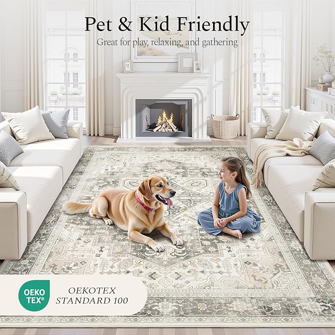 Rugflix 6x9 Area Rugs for Living Room, Machine Washable Rug Non Slip Stain Resistance, Large Rug Vintage Distressed Soft Carpet for Bedroom, Dining Room, Home Office, Beige Grey