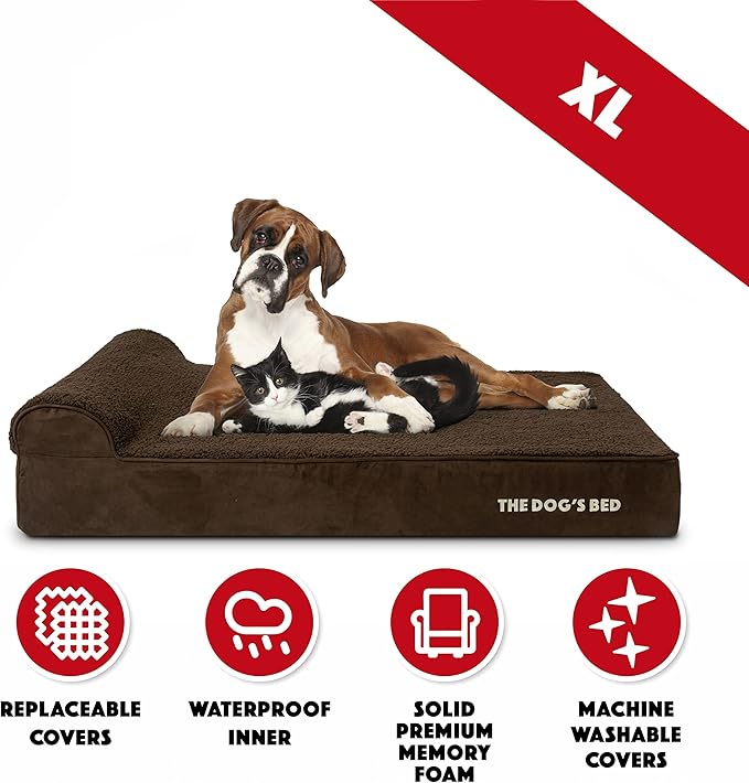 The Dog’s Bed Orthopedic Memory Foam Dog Bed with Headrest, Plush Fabric, Brown Plush, XL, 6-Inch