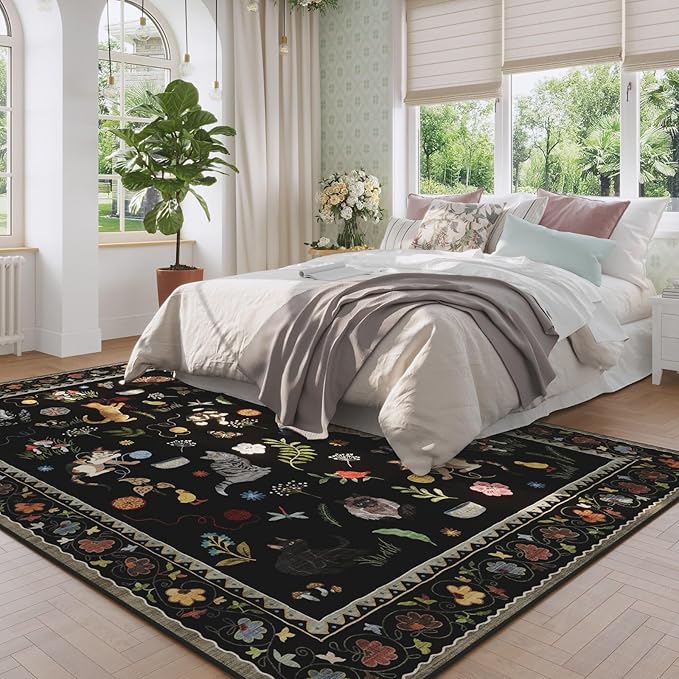 Rugcomf Area Rugs 9x12 Living Room Clearance Washable Boho Rug Non Slip Floral Animal Cat Vintage Low Pile Large Rug for Living Room Bedroom Farmhouse Dining Room Kids Playroom, Black