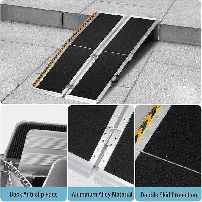 7FT Wheelchair Ramp, Anti-Slip Aluminum Folding Portable Handicap Threshold Entry Ramp for Home, Doorways Steps, Scooter, Stairs, 600LBs Capacity