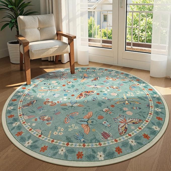 Lahome Insect Washable Round Area Rug, Soft Round Rugs 6ft Ultra-Thin Non-Slip, Boho Large Circle Carpet for Bedroom Living Room Kitchen Nursery, Green