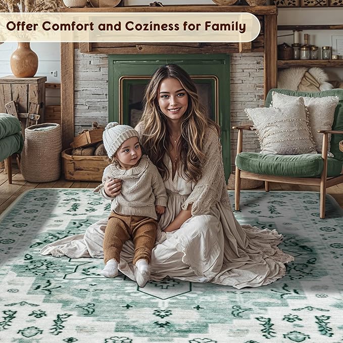 LBRO2M Boho Area Rug 5X7 Washable Rugs for Bedroom Low Piles Indoor Carpet, Non Slip Soft Rug for Living Room, Dining Room, Foldable Pet Friendly Area Rugs Stain Resistant (5'X7' Light Green)