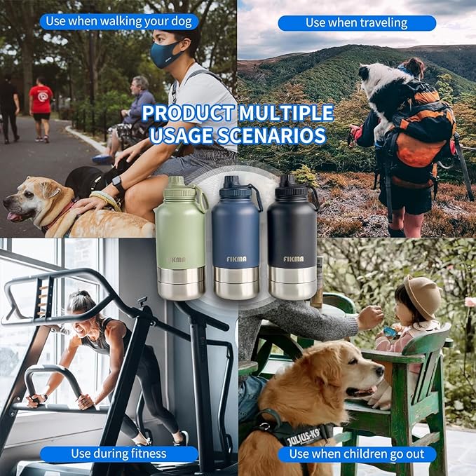 3-in-1 Dog Water Bottle with 2 Bowls, 32oz Insulated Stainless Steel Travel Bottle for Pets & Humans, Leak-Proof Portable Design for Hiking, Camping & Travel (Black)