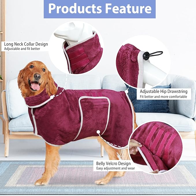 Dog Bathrobe Towel - Super Absorbent Bath Robe for Dogs Large, Soft Adjustable Collar & Belly Strap Fast Drying Coat Pet Dog Cat Bath Robe (Blue, 3X-Large)
