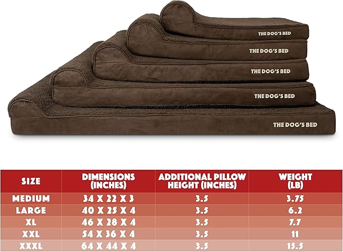The Dog’s Bed Orthopedic Memory Foam Dog Bed with Headrest, Plush Fabric, Brown Plush, XL, 4-Inch