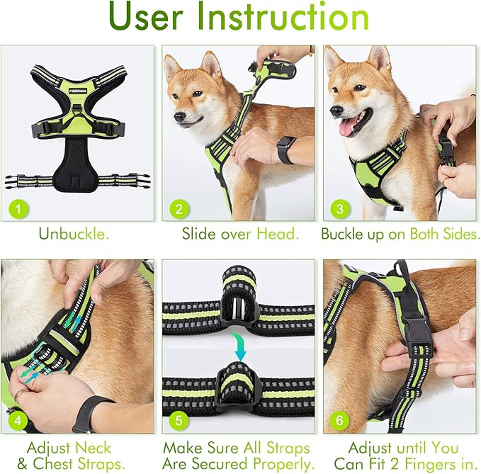rabbitgoo Dog Harness No Pull with 2 Leash Clips, Adjustable Soft Padded, Reflective Oxford No Choke Pet Vest with Easy Control Handle for Large Dogs, Green, XL