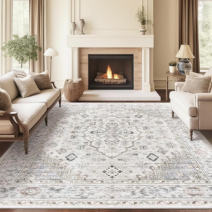 8x10 Area Rugs for Living Rooms, Stain Resistant Neutral Washable Rugs for Dining Rooms, Floral Vintage Non-Slip Thin Large Size Area Rug(Light Grey)