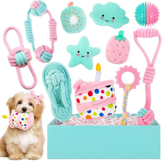 11 Pcs Dog Birthday Toy Gift for Dog Birthday Cake Puppy Girl Boy Squeak Toys Interactive Puppy Gift with Box for Small Medium Size(Stylish,Mixed Color)