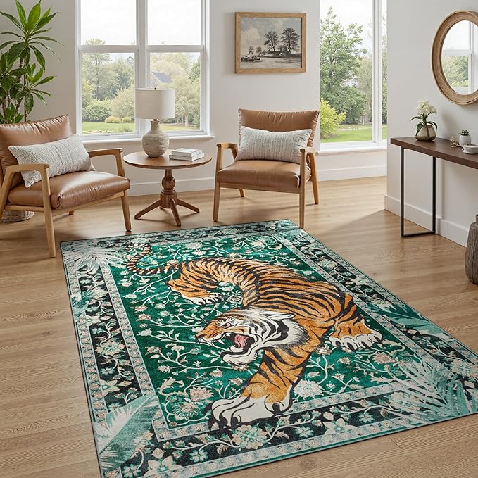 DCX Washable 3x5 Tiger Rug, Green Vintage Animal Rug for Entryway, Soft Low Pile Carpet, Kid & Pet Friendly with Rubber Back Non Slip, Stain Resistant Rug for Bedroom, Laundry, Bathroom