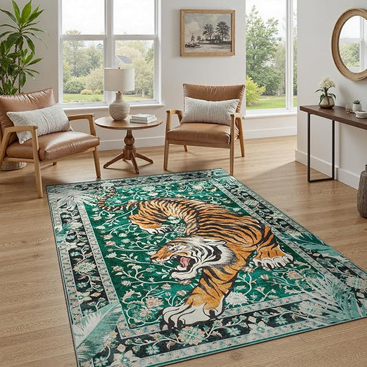 DCX Washable 4x6 Tiger Rug, Green Vintage Animal Rug for Living Room, Soft Low Pile Carpet, Kid & Pet Friendly with Rubber Back Non Slip, Stain Resistant Rug for Bedroom Dining Room Office