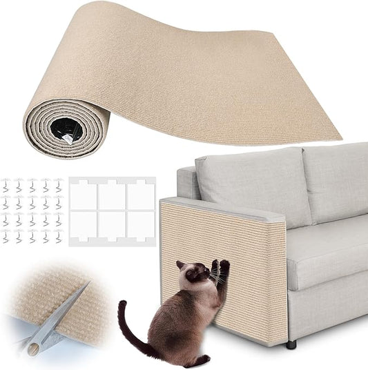 Cat Scratch Furniture Protector - 100" x 17" Trimmable Self-Adhesive Cats Claws Scratch Pads, DIY Cat Climbing Couch Protector for Scratch Post Cat Tree Replacement Indoor (Khaki)
