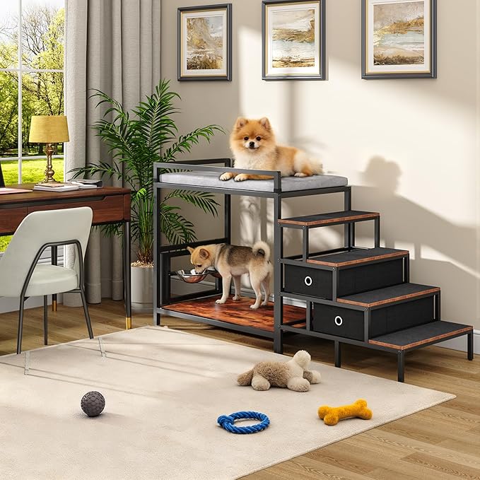 Pet Window Perch with 360° & Adjustable Raised Feeder, Pet Bunk Bed with Stairs and Storage, Dog Beds Attachment to Human Bed, Bedside Dogs Cot for Small, Medium Cats & Dogs