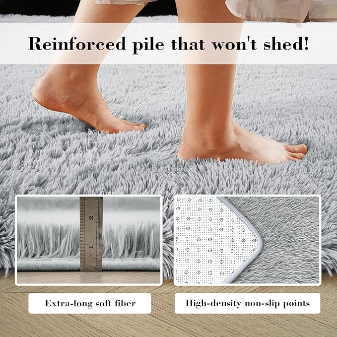 Soft Runner Rugs for Bedroom, Grey 3x7 Area Rugs Fluffy Rug Shaggy Area Rug Carpet, Bedside Rug for Living Room Bedroom Kids Room Home Decor