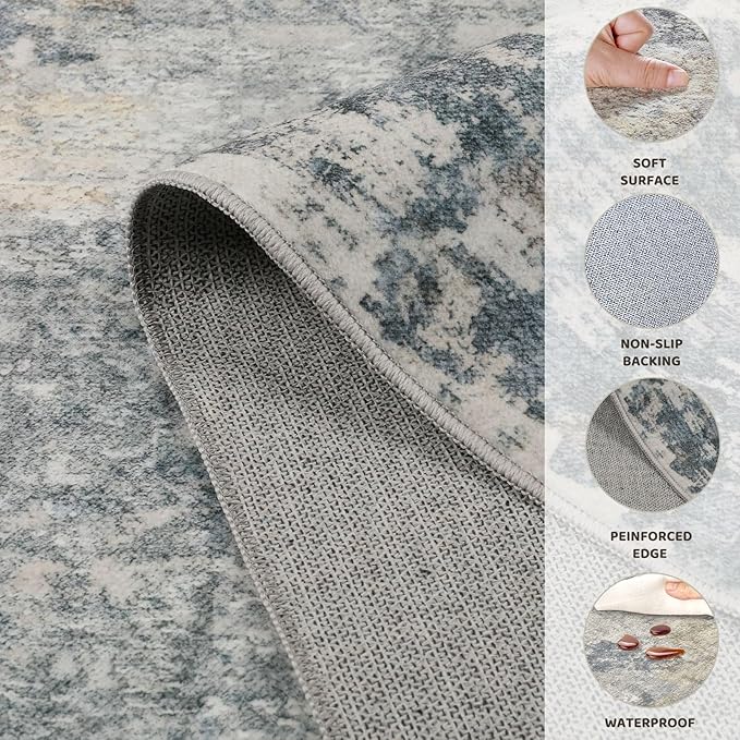5ft Round Area Rug Living Room Rugs - 5x5 Washable Neutral Modern Abstract Soft Thin Rug Indoor Floor No Slip Rug Carpet for Bedroom Under Dining Table Home Office Decor - Blue Grey