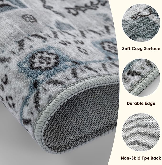 LBRO2M Boho 4X6 Rug Washable Rugs for Bedroom Non Slip Indoor Carpet, Soft Low Piles Rug Foldable Rugs for Living Room Pet Friendly Area Rugs Stain Resistant (4'X6' Dusty Blue)