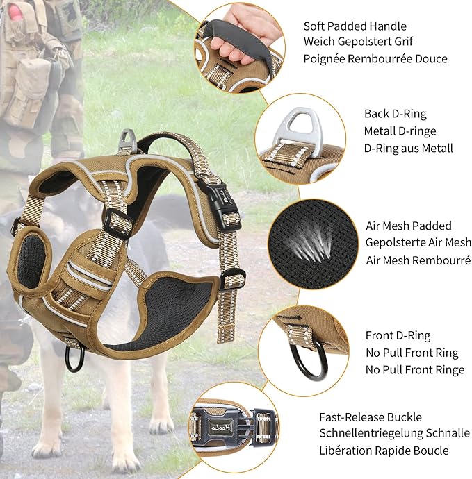 HEELE Dog Harness, Dog Harness for Small Medium Large Dogs No Pull Adjustable Padded Reflective Harness with Handle for Walking Training, Brown, S