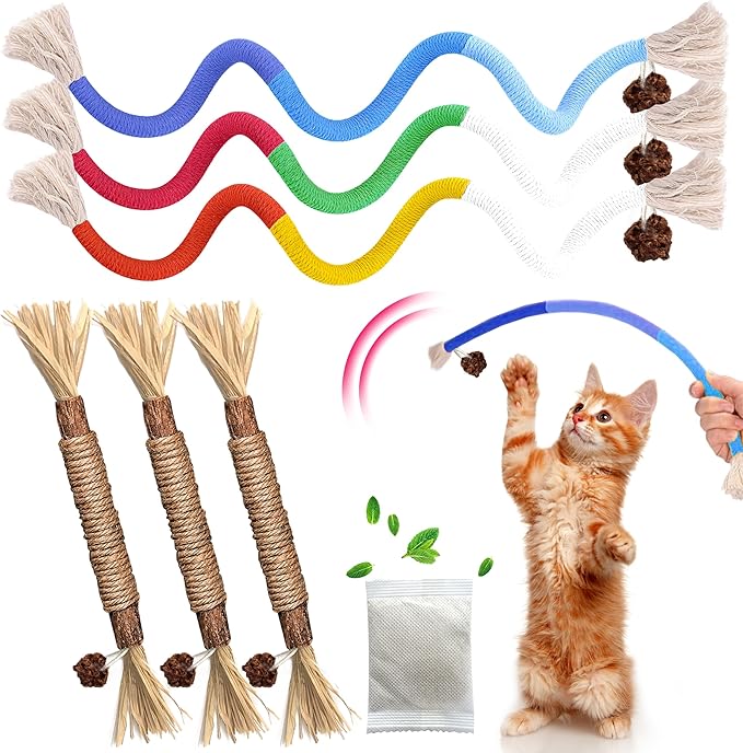 Cat Toys Chew Rope & Silvervine Sticks for Bored Indoor Adult Cats, 6Pcs Interactive Catnip Toys for Cats with Refillable Natural Catnip Bag for Teeth Cleaning