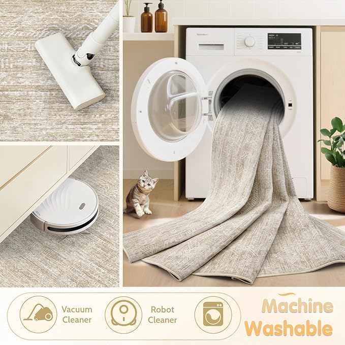Washable Rug 5x7 Area Rugs: Modern Geometric Rugs for Living Room Non Slip Soft Low Pile Moroccan Indoor Carpet for Bedroom Nursery Dining Room Home Office (Beige, 5'x7')