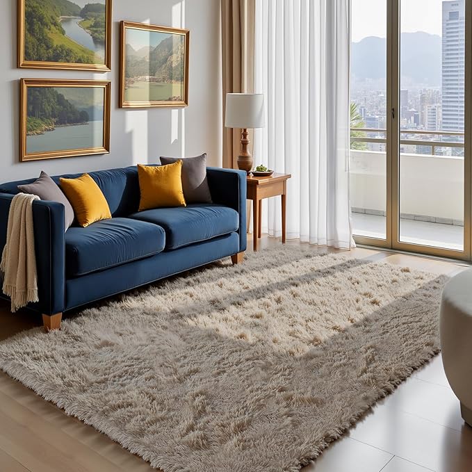 Fluffy Rug Shaggy Area Rug, Beige 6x9 Area Rugs for Living Room, Large Shag Area Rugs for Bedroom Kids Room Home Decor, Upgrade Anti-Skid Rectangular Fuzzy Rugs