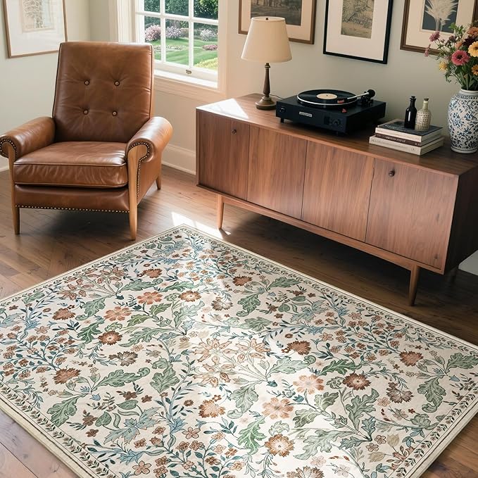 Floral Area Rug for Living Room: 4x6 Washable Soft Low Pile Thin Indoor Carpet, Non Slip Stain Resistant Vintage Flower Boho Accent Rugs for Bedroom, Dining, Home Office, Nursery - Beige