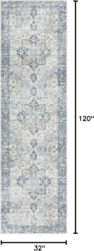 GENIMO Runner Rug 2'6''x10, Non Slip Vintage Hallway Runner Rugs, Low Pile Lightweight Machine Washable Mat for Hallway, Entryway, Bedroom, Kitchen and Corridor, Blue