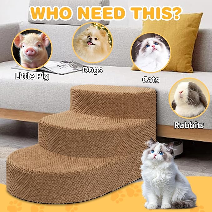 Dog Stairs for Small Dogs, Foam Steps for Small Dogs & Cats, 3 Steps Dog Ramp for High Beds, Couch, Window, Sofa, Pet Stairs with Removable Washable Cover, Non-Slip Sturdy Pet Steps, Khaki