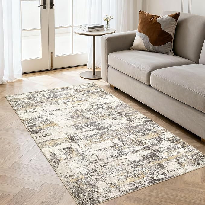 Hallway Washable Runner Rug: 3x5 Abstract Modern Soft Stain Resistant Non-Slip Backing Runner for for Entryway Kitchen Laundry Living Bathroom - Gold Brown