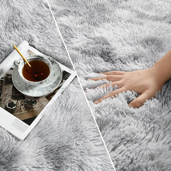 Large Shag Area Rugs 10 x 14, Tie-Dyed Plush Fuzzy Rugs for Living Room, Ultra Soft Fluffy Furry Rug for Bedroom, Anti-Skid Indoor Carpet Nursery Rugs for Kids Room Home Decor, Light Grey