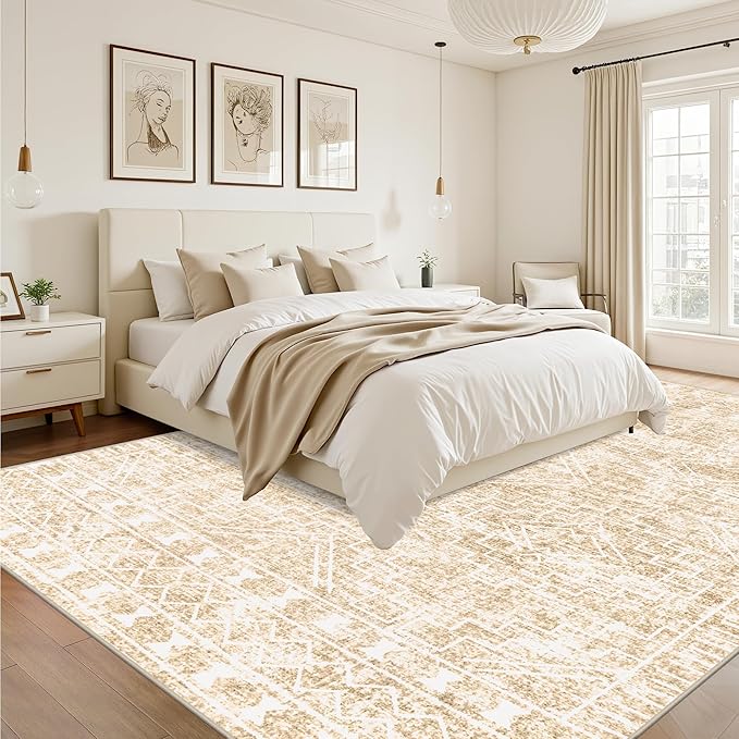 10x14 Area Rugs Living Room Rug: Washable Rug Neutral Lagre Soft Thin Carpet Indoor Floor Non Slip Boho Geometric Moroccan Carpets for Bedroom Dining Room Farmhouse Nursery Office - Beige