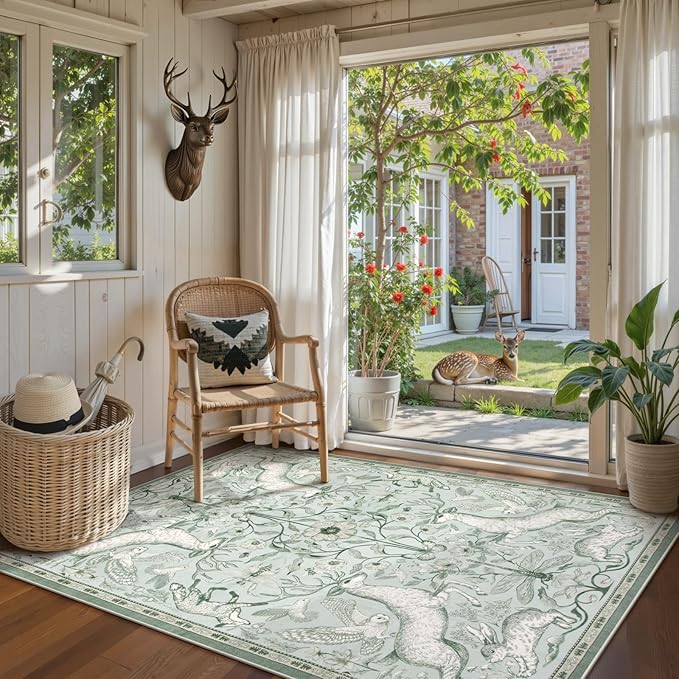 Lahome Boho Animal 5x7 Washable Living Room Area Rugs, Green Soft Rugs for Bedroom, Botanical Large Boho Non Slip Dining Room Carpet for Under Table Entryway Kitchen Office (5x7ft,Light Green)