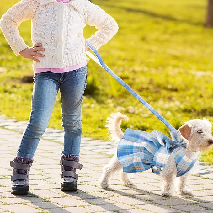 4 Pcs Cute Plaid Dog Dress Set with Bow Tie Harness & Leash for Small Dogs, Puppy Clothes for Girls Outfits(L,Dark Color)